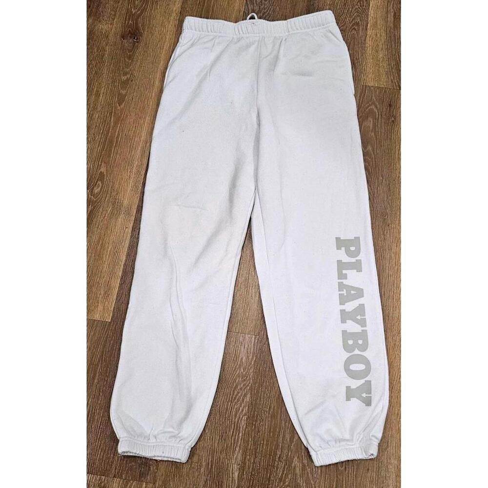 Playboy White Women's Sweatpants with Playboy Logo Graphic Size Med.